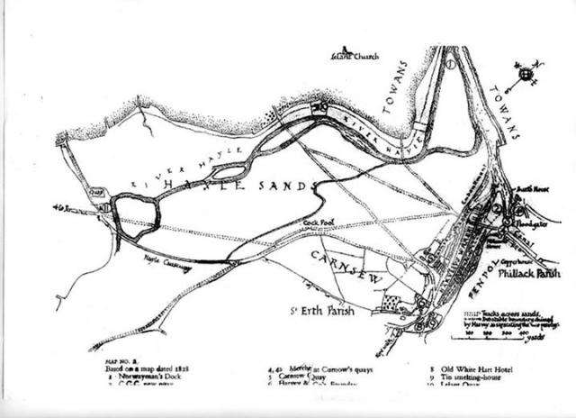 Map of the footpaths across Lelant Water in 1828, just after the Causeway was opened (1825)